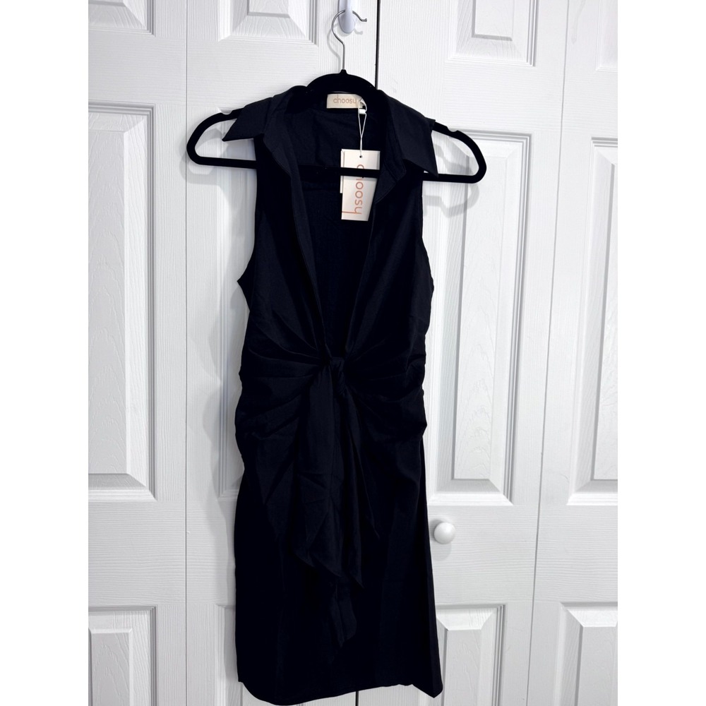 Choosy Crosby Mini Dress Womens 2 Black Sleeveless Deep V-Neck Tie Waist Classic